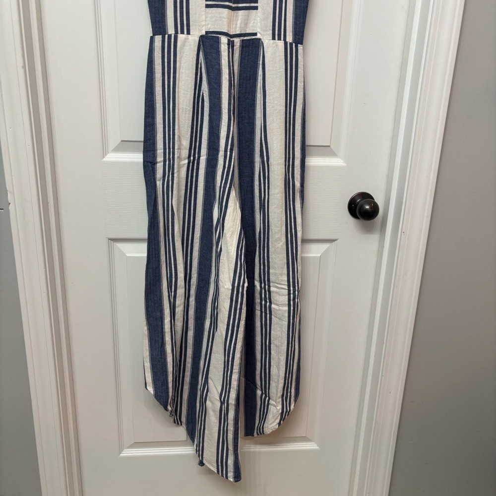 Blue Linen-Blend Striped Wide Leg Jumpsuit | Taylor & Sage S - Picture 10 of 11